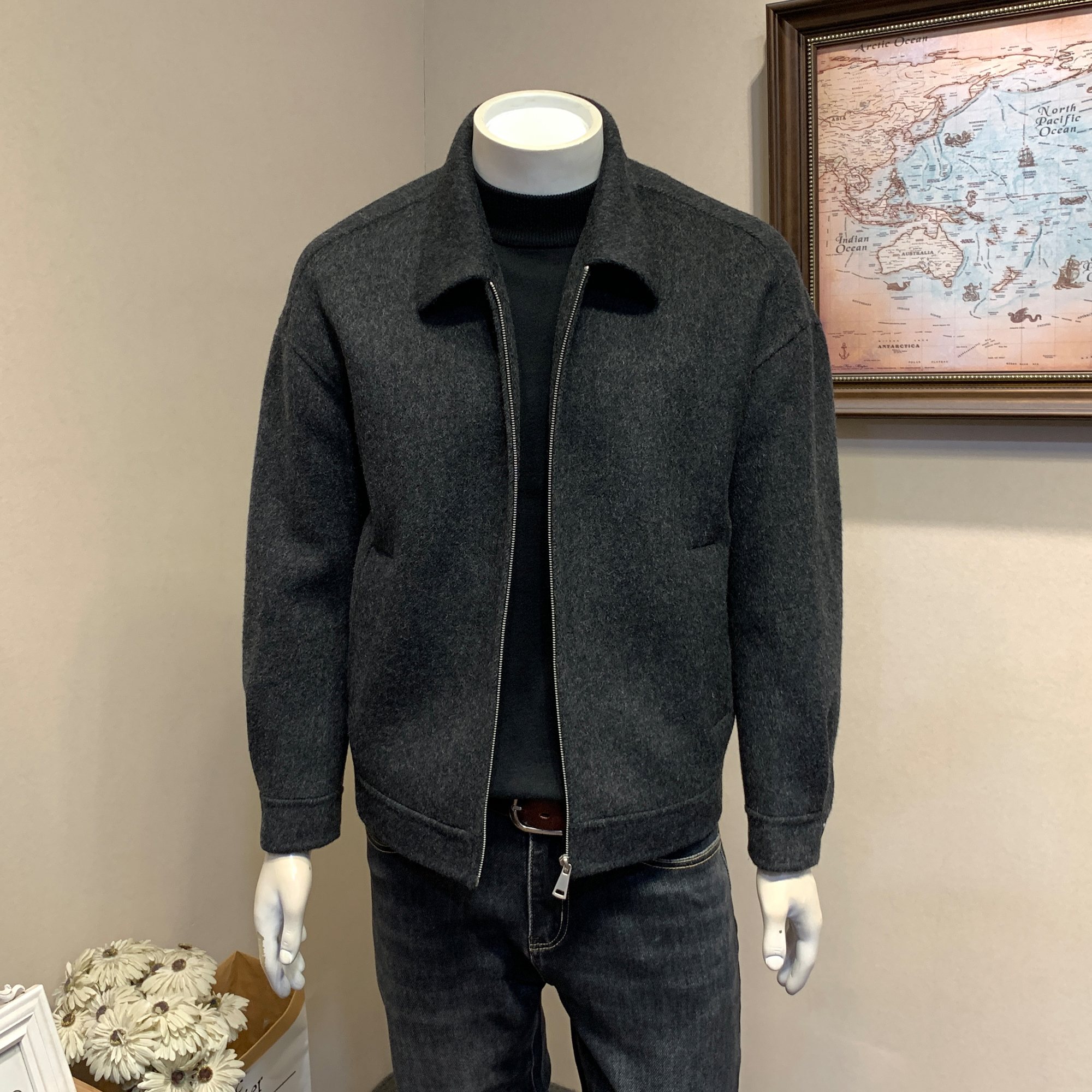 双面翻领老钱风休闲羊毛呢夹克男