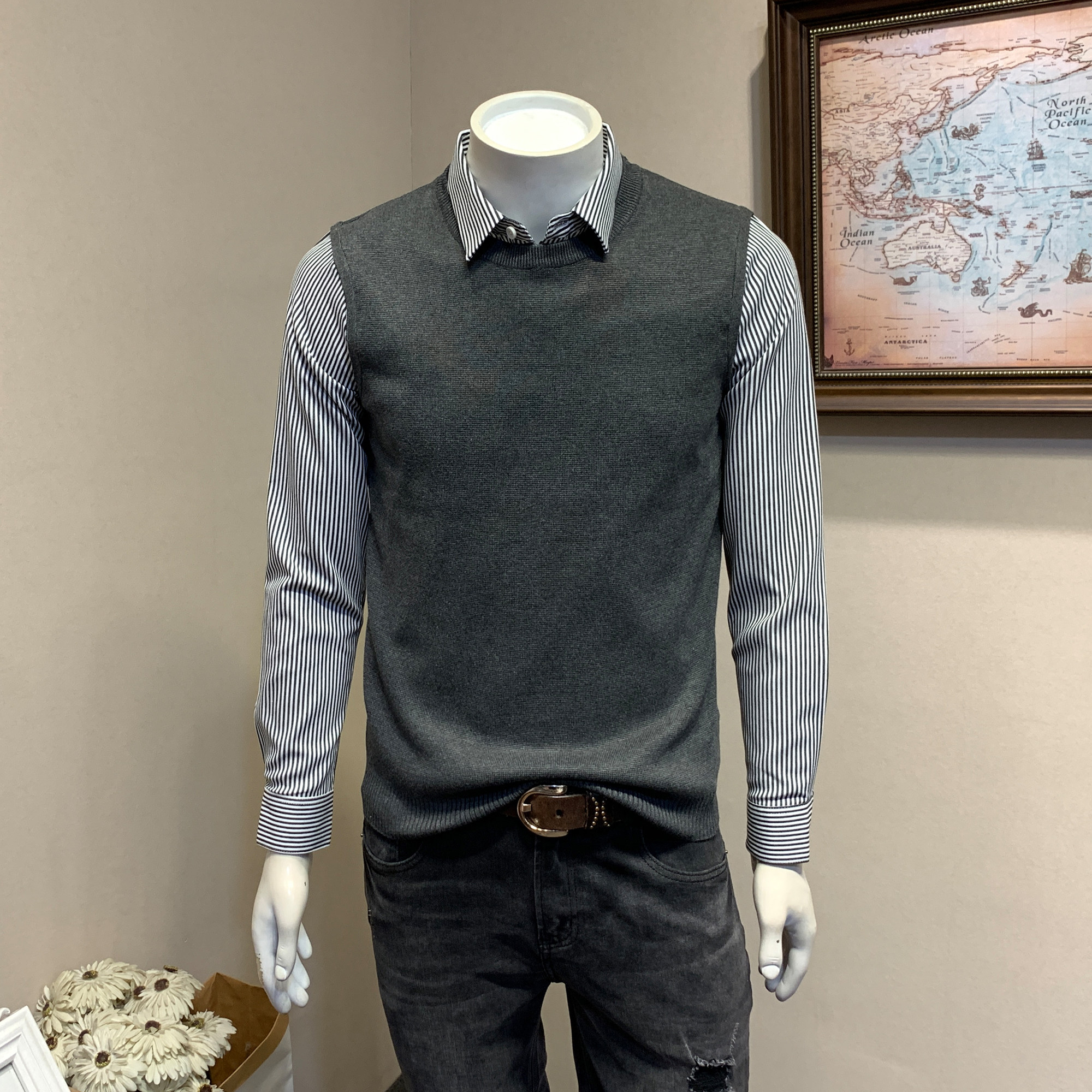 秋冬季时尚条纹衬衫领男毛衣商务假两件套头针织衫青年打底上衣男