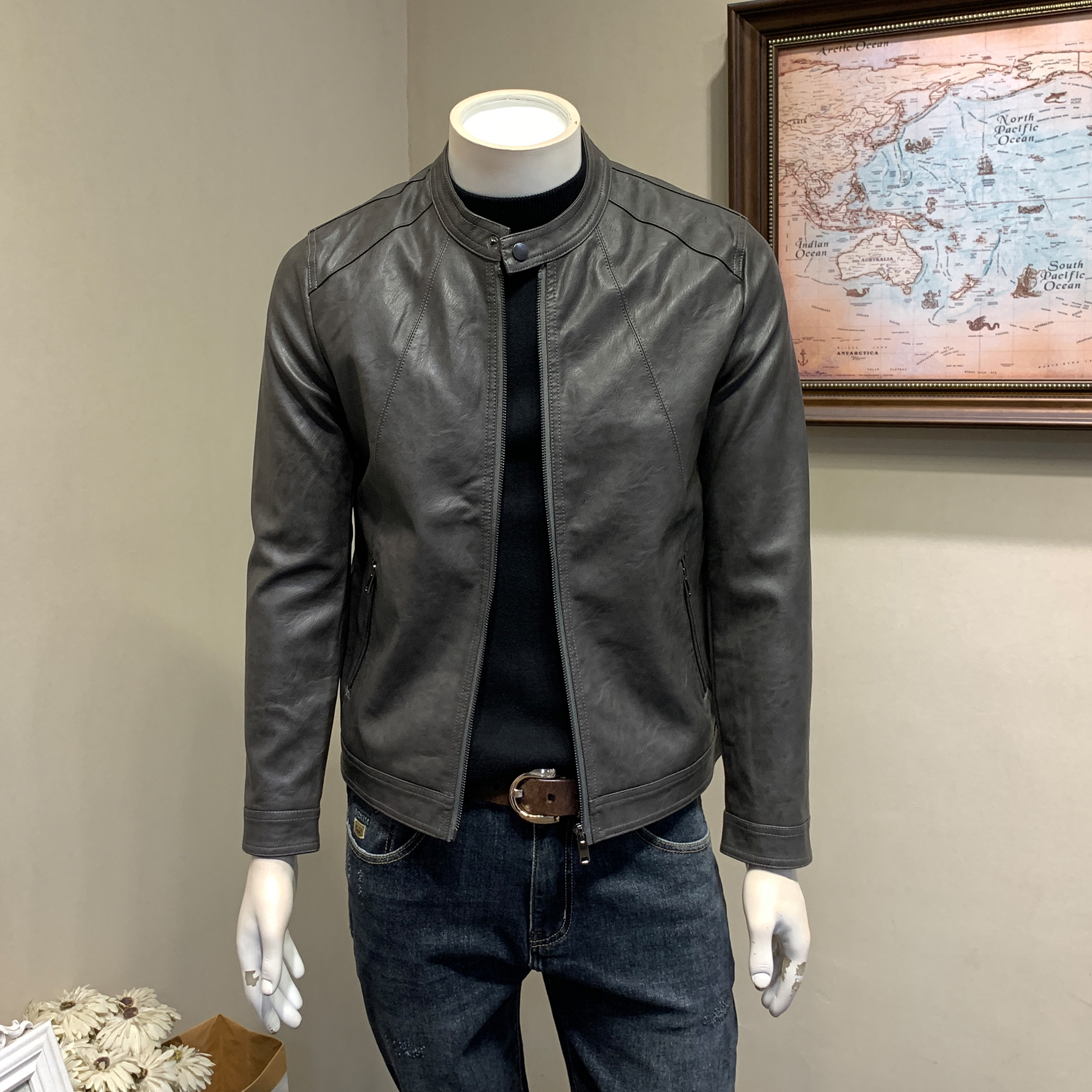 春秋冬季男士立领机车皮衣韩版修身短款加绒加厚PU皮夹克男外套潮