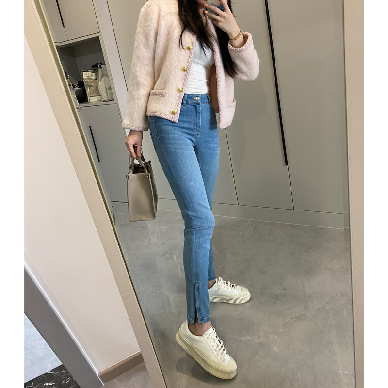 深浅蓝脚口拉链牛仔裤女个性设计牛仔裤