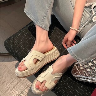 一字拖法式 草编罗马凉鞋 坡跟厚底凉拖鞋 夏季 女2025新款 赵露思同款