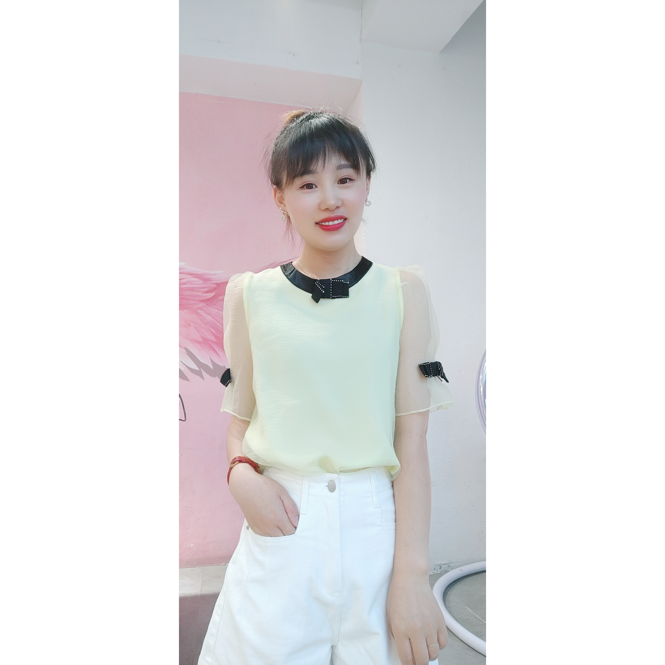 朵以/Duoyi 夏日纱袖文艺甜美蝴蝶结气质淑女上衣·31YX10322包邮