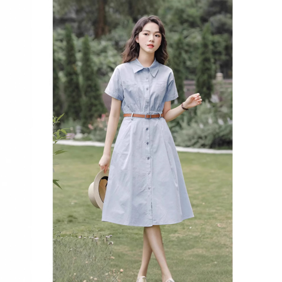 工装连衣裙女夏季新款气质减龄收腰显瘦Polo领短袖衬衫裙中长款
