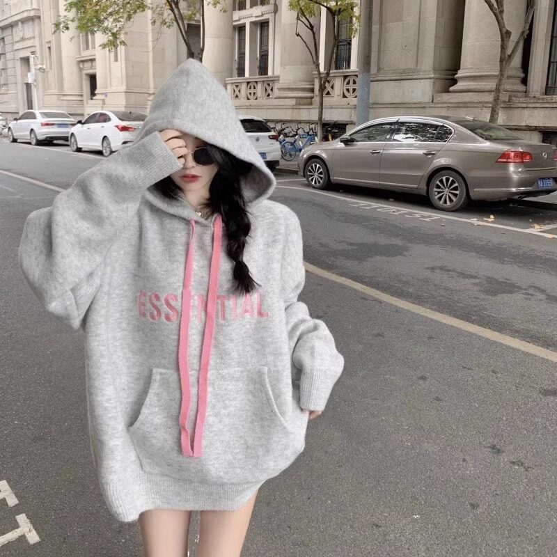 慵懒风灰色连帽卫衣女秋冬加绒加卫衣/绒衫