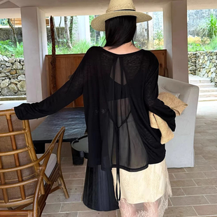 长袖防晒衫女薄款t恤女2026新款宽松慵懒风设计感露背绑带上衣夏