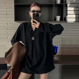 黑色V领长袖T恤女2026新款秋冬宽松显瘦打底衫女内搭双面磨毛上衣
