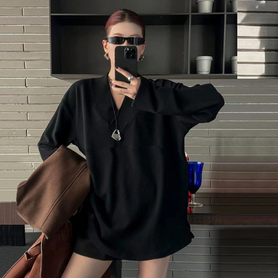 黑色V领长袖T恤女内搭德绒打底衫