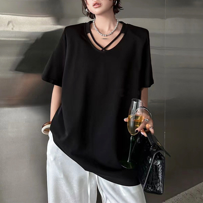 垫肩短袖t恤女宽松交叉领上衣