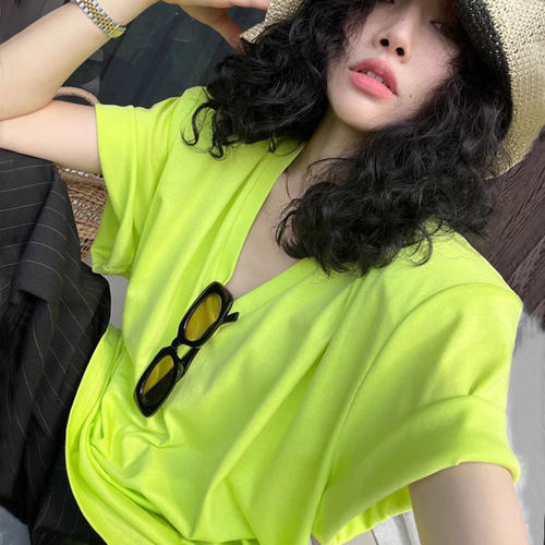 复古港风垫肩短袖纯棉女大码宽松