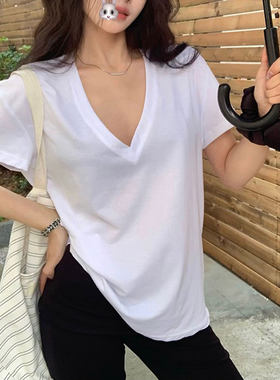 纯欲风深V领短袖t恤女纯棉百搭