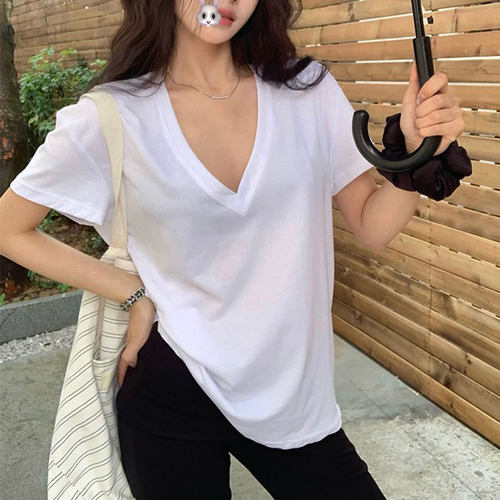 纯欲风深V领短袖t恤女纯棉百搭