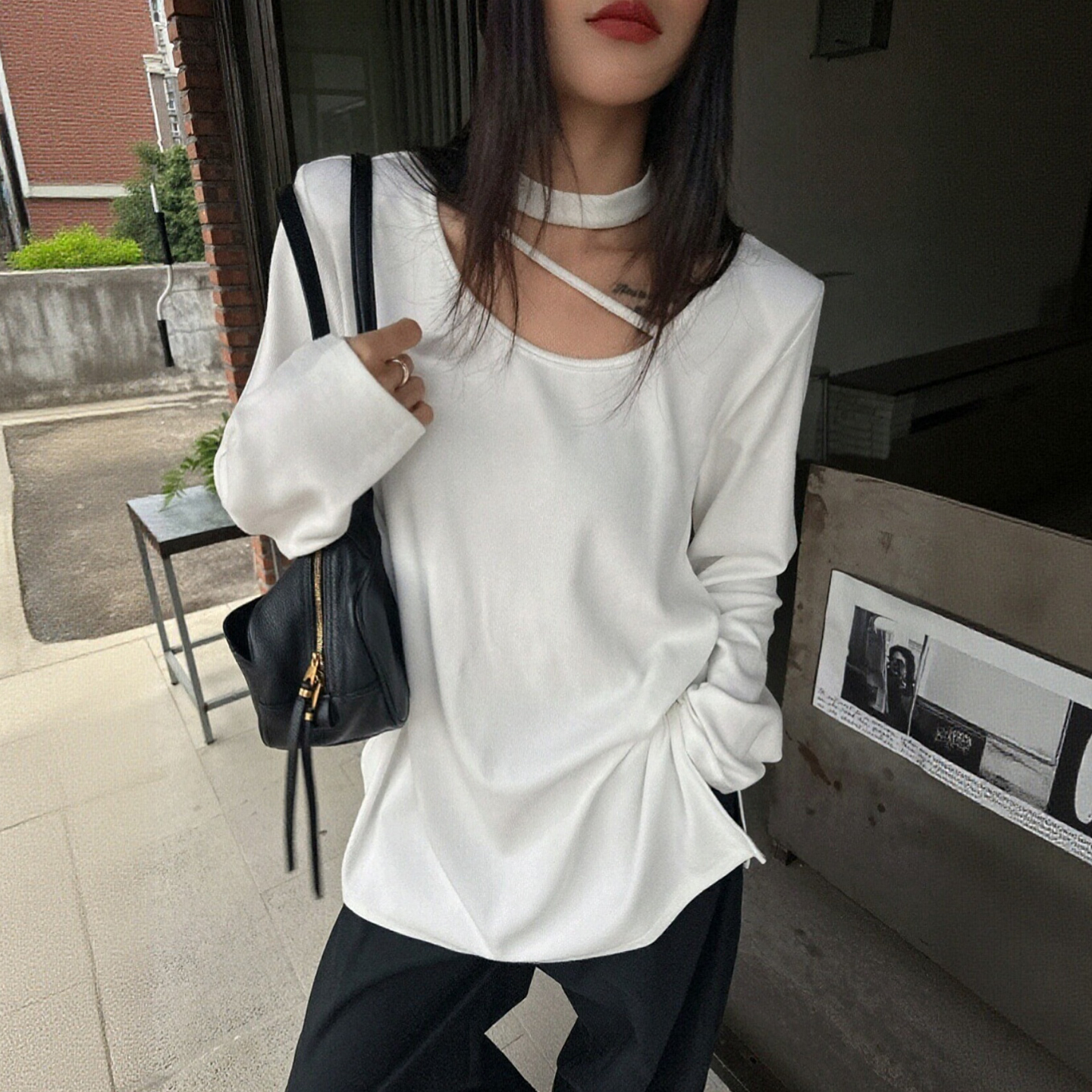 加绒打底衫女内搭设计感挂脖上衣