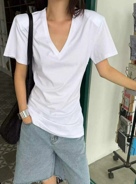 夏季V领侧拉链修身显瘦女T恤
