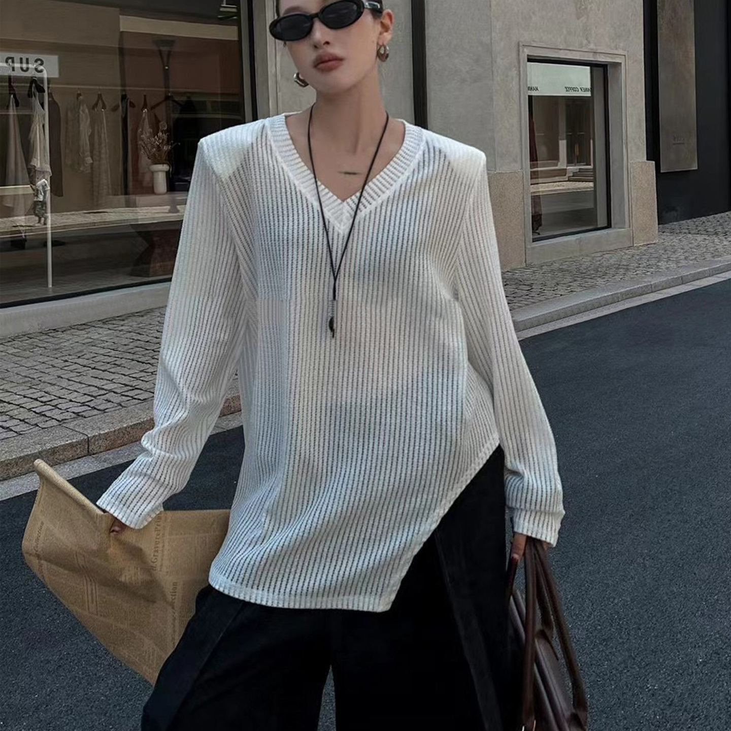v领长袖t恤女宽松显瘦蕾丝上衣秋