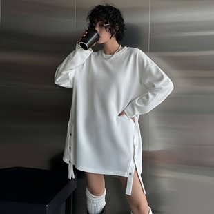 加绒加厚卫衣女宽松慵懒风长款遮屁股外套下摆开叉内搭打底衫秋冬