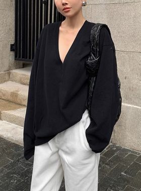 中长款纯棉长袖V领t恤女低领上衣