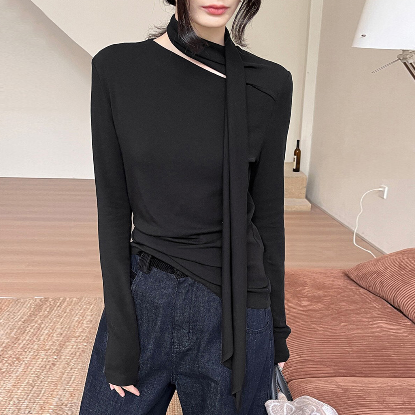 2025新款高级感斜肩飘带打底衫