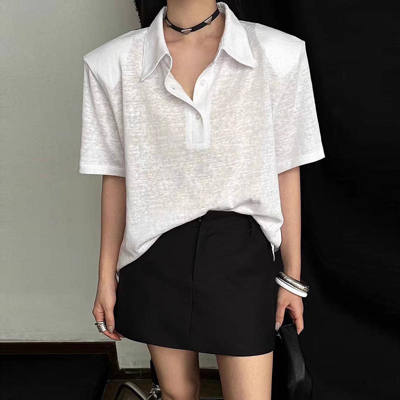 高级感正肩POLO衫垫肩短袖女宽松