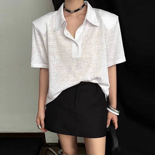 高级感正肩POLO衫垫肩短袖女宽松
