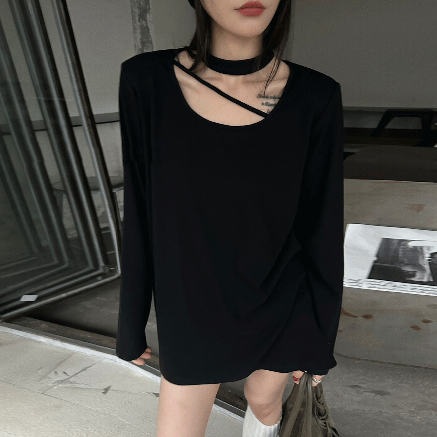 加绒打底衫女内搭设计感挂脖上衣