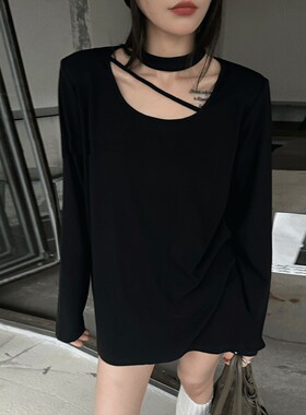 黑色打底衫女加绒加厚2025秋冬新款设计感挂脖上衣垫肩t恤女内搭
