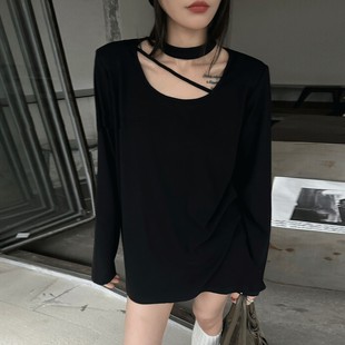 黑色打底衫女加绒加厚2025秋冬新款设计感挂脖上衣垫肩t恤女内搭