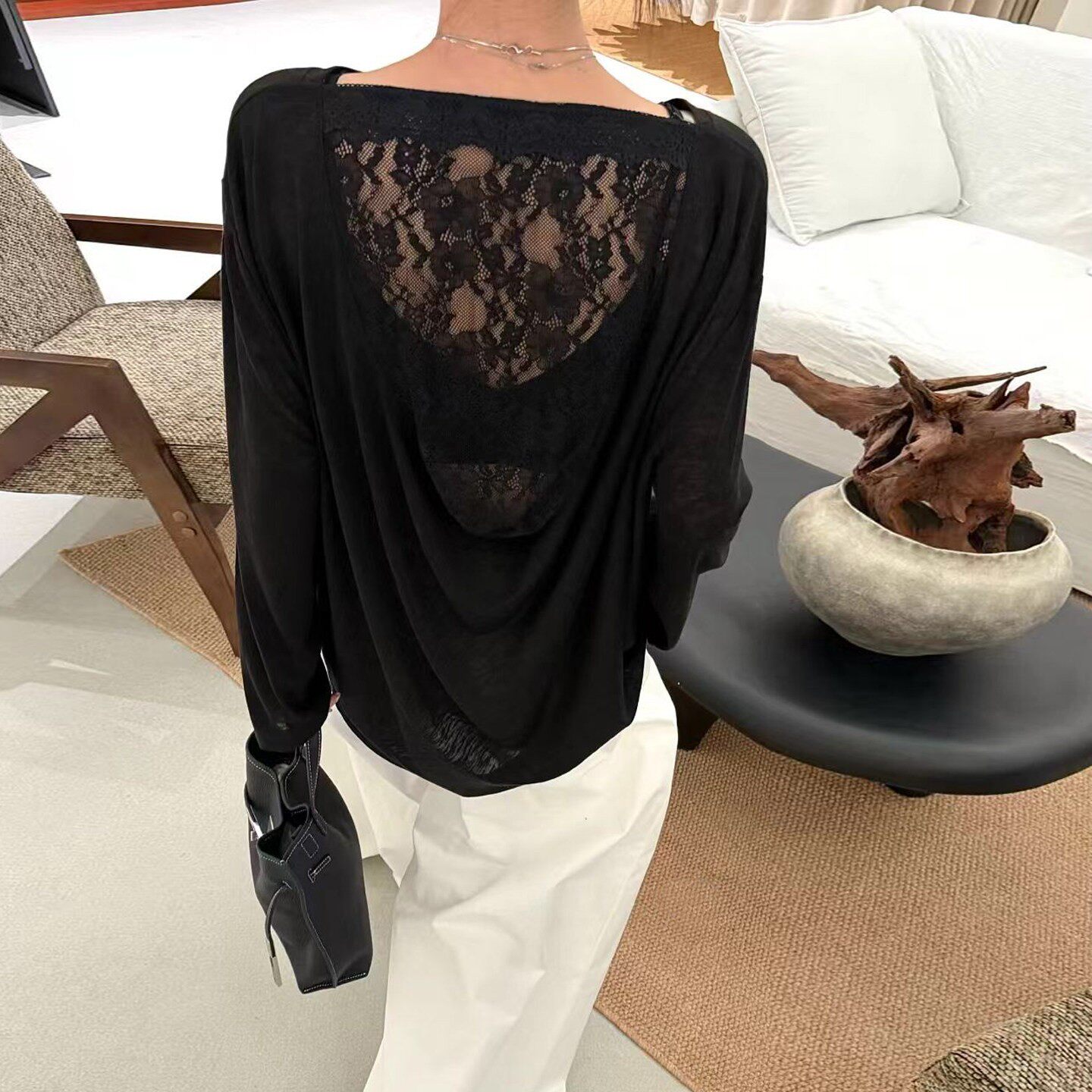 黑色t恤女性感纯欲露背蕾丝防晒衫宽松落肩微透设计感一字领上衣