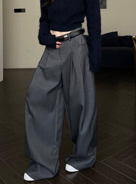 阔腿裤女2026新款春秋高腰直筒裤宽松裤子加长款高个子灰色裤子