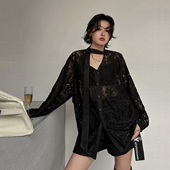 女高端性感镂空上衣 宽松设计感飘带衬衫 黑色v领蕾丝衫 女2026新款