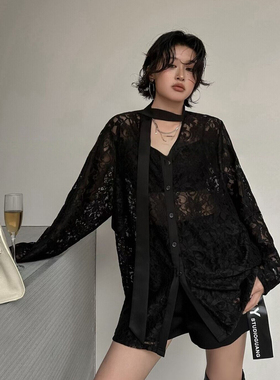 黑色v领蕾丝衫女2026新款宽松设计感飘带衬衫女高端性感镂空上衣