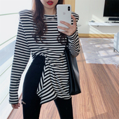 黑白条纹t恤女纯棉长款 遮屁股内搭正肩打底衫 不规则开叉垫肩上衣