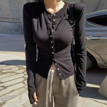 黑色打底衫女秋冬内搭可外穿长袖针织开衫单排扣纯欲风垫肩上衣正