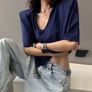 2025新款 正肩女t恤短袖 宽松大领口纯棉体恤女u领简约百搭垫肩上衣