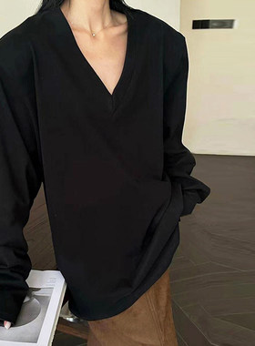 长袖垫肩V领纯棉女中长款遮屁股