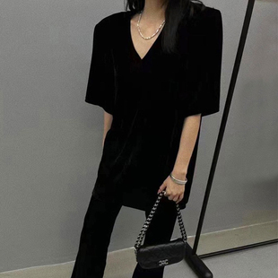 新款 垫肩v领短袖 遮屁股春夏季 长款 丝绒上衣 t恤女直角正肩宽松大码
