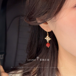 Jasmo红色中国风耳钉女新中式 红玛瑙耳饰气质耳环无耳洞耳夹女