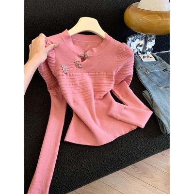 新款高级感超好看国风盘扣粉红色毛衣女秋冬时尚针织衫上衣50458