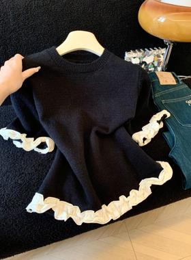 木耳边中袖正肩针织衫女炸街别致绝美小衫小众不撞款上衣53515