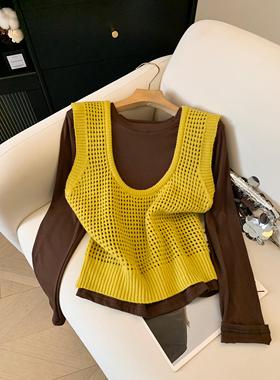 设计感慵懒风复古针织马甲女秋冬宽松显瘦百搭针织衫两件套52845