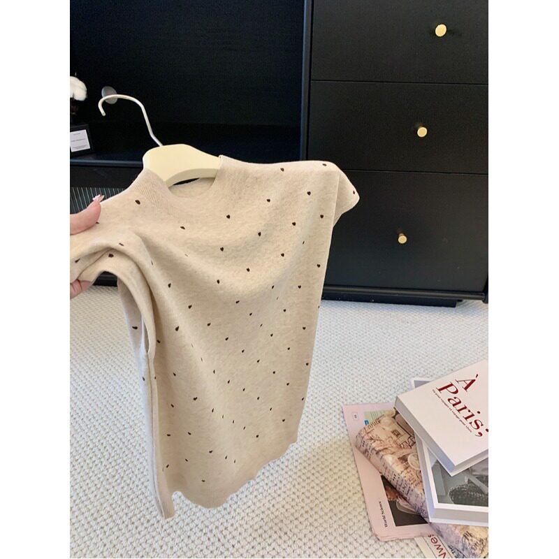初秋温柔韩系风半高领短袖针织衫女宽松波点小飞袖上衣短款