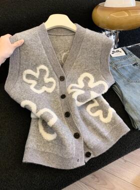 秋冬外搭设计感小众绝绝子立体花朵黑色V领针织开衫马甲女53266