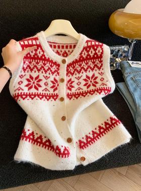 秋冬新款马甲时尚个性设计感圆领提花开衫毛针织衫女上衣53479