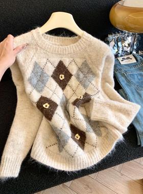 菱形花纹长袖针织衣女2025冬新款宽松显瘦套头圆领时尚上衣53077