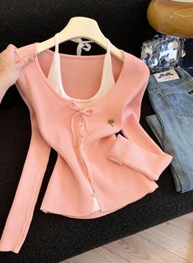 假两件甜辣挂脖针织衫女内搭纯欲色毛衣短款打底衫辣上衣36036