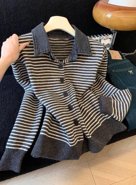 韩系时尚翻领牛仔拼接毛衣外套冬设计感条纹上衣百搭针织衫53509