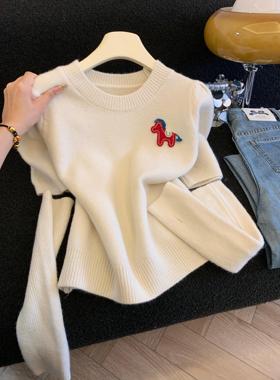 战袍袖套短袖圆领毛衣女秋冬小马洋气刺绣针织衫独特上衣53523