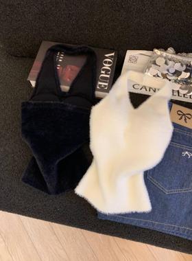 新款辣妹性感仿水貂毛挂脖背心女冬季内搭打底上衣女带胸垫53520