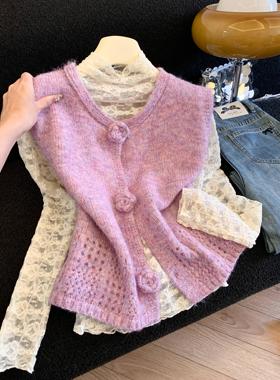 花朵针织开衫马甲外套女2025新款冬叠穿毛衣背心上衣53293