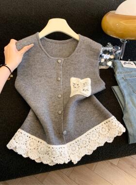 韩系毛衣马甲女秋冬蕾丝拼接宽松百搭叠穿外搭针织背心开衫53521