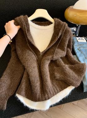 韩系连帽长袖针织衫女秋冬新款百搭宽松假两件毛衣外套53480